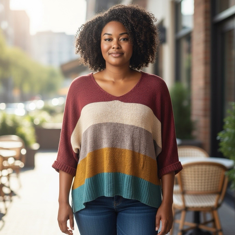 Women’s Oversized Knit Sweater Multicolor Striped V-Neck XL fall rustic